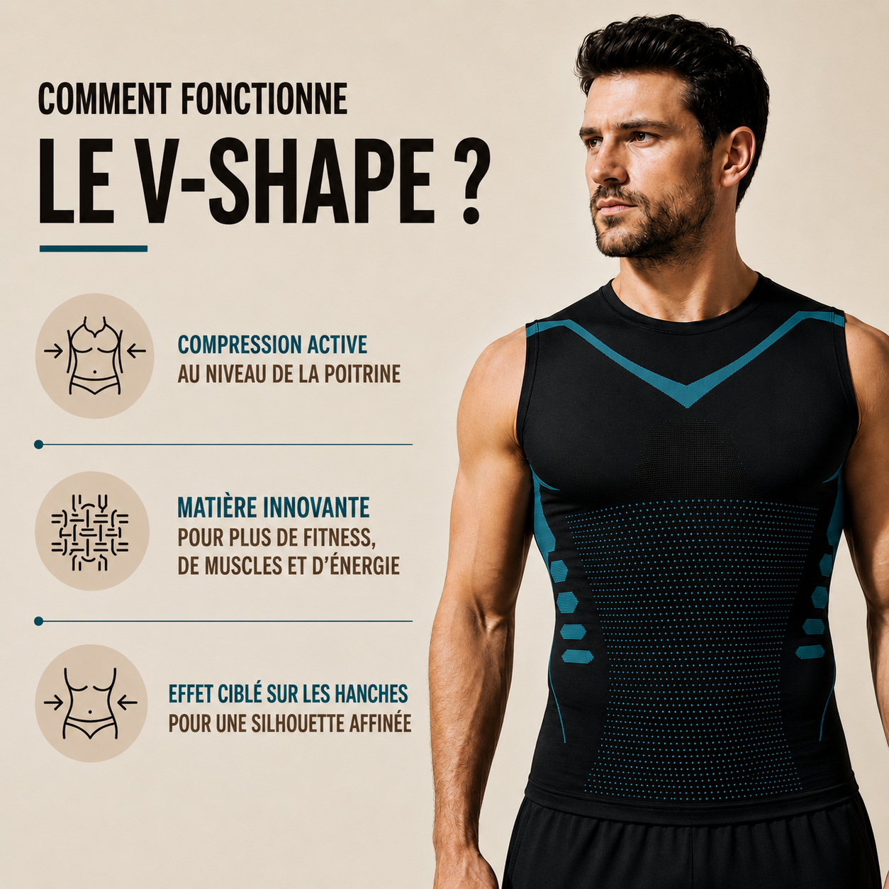 Gilet de Compression Ionique V-Shape pour Homme — Respirant, Gainant & Sculptant